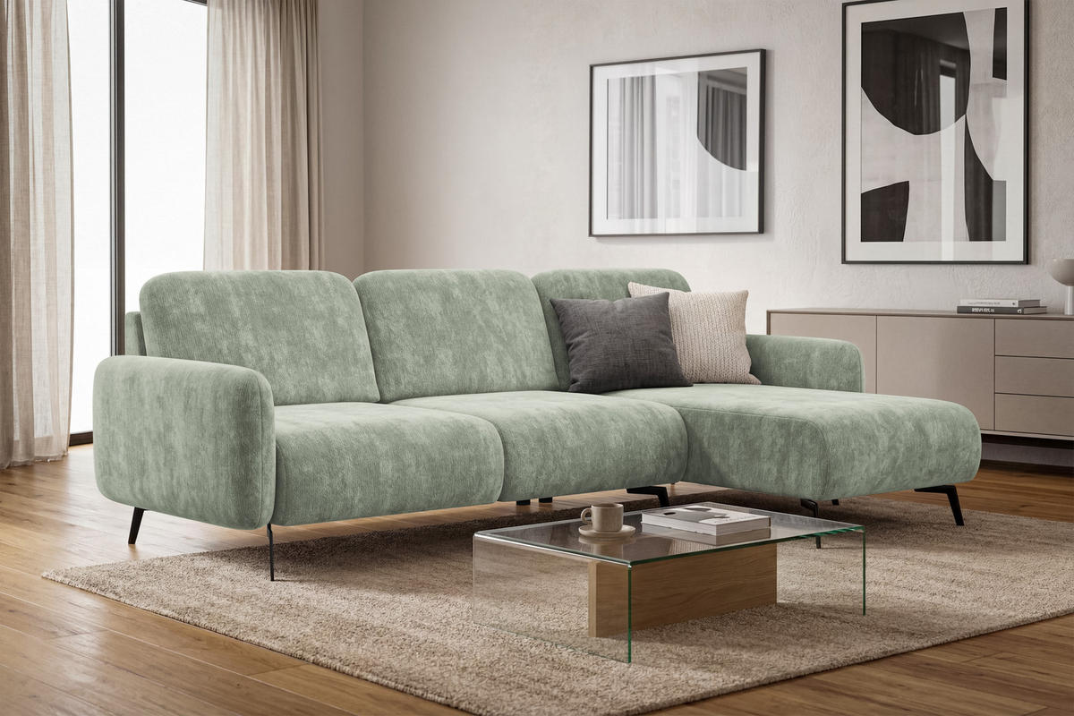 ECKSOFA FEBE 4-Sitzer RECHTS, hellgrüner Chenille-Stoff - Schwarz/Hellgrün, Holz/Textil (264/157cm) - Wozimo