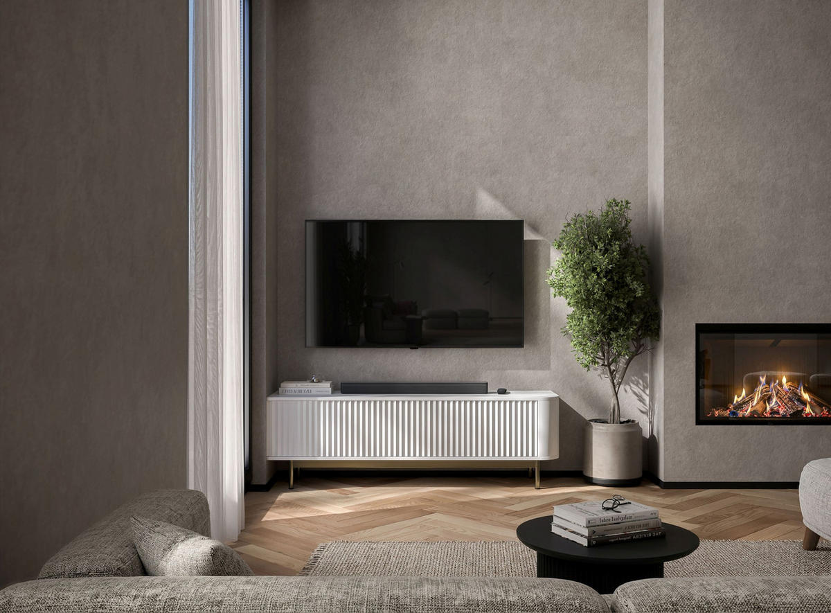 TV stolek Aurora bílý matný 140 cm se zlatým kovovým rámem - bílá/zlatá, kov/kompozitní dřevo (140/44/35cm) - Meble Lindner