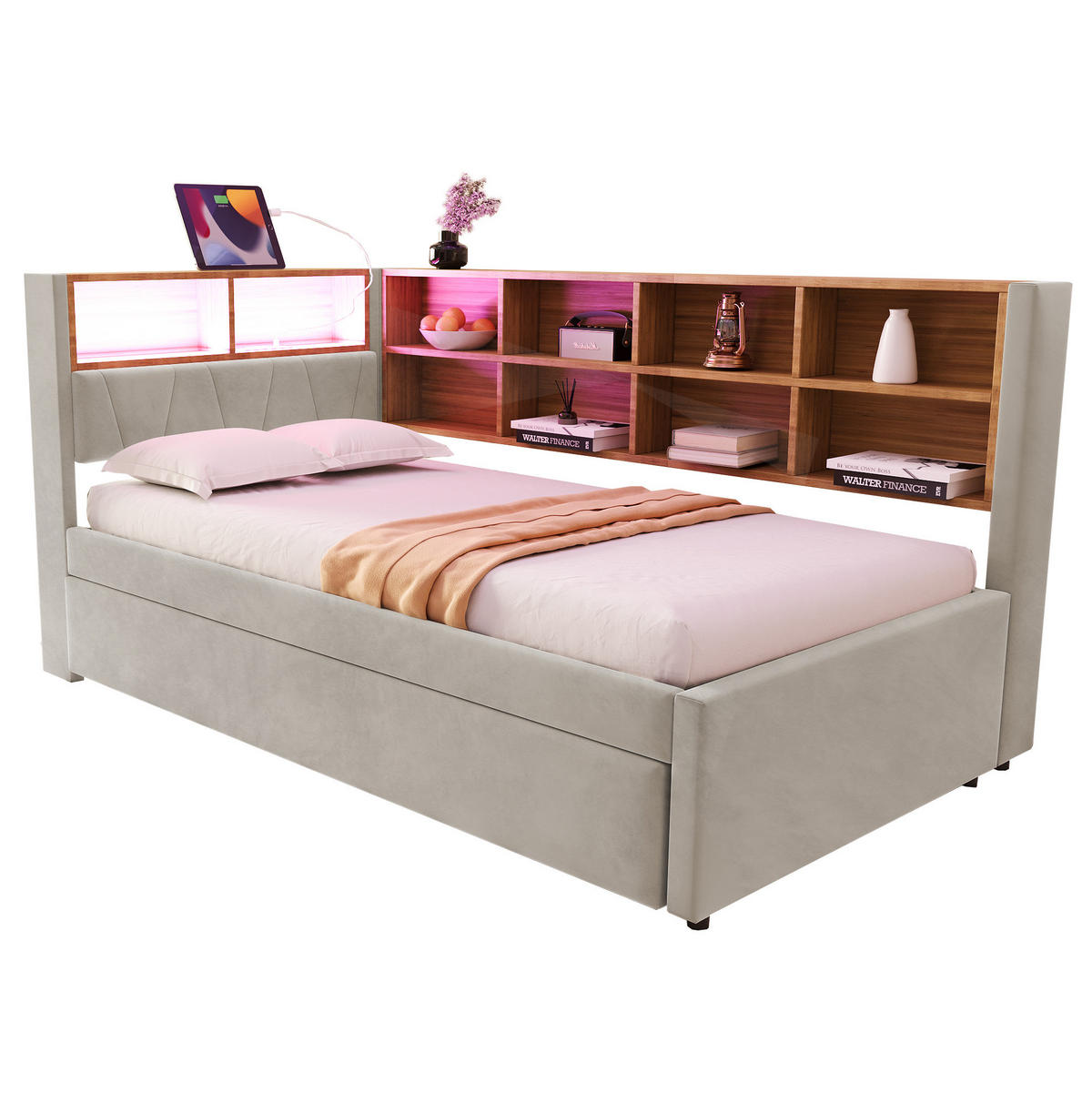 BETT 90/200 cm mit Ausziehbett 90/190 cm, LED, USB- und Type-C-Anschluss, Stauraum, Flanell, Hellgrau - Hellgrau, Textil (90/200cm) - Redom