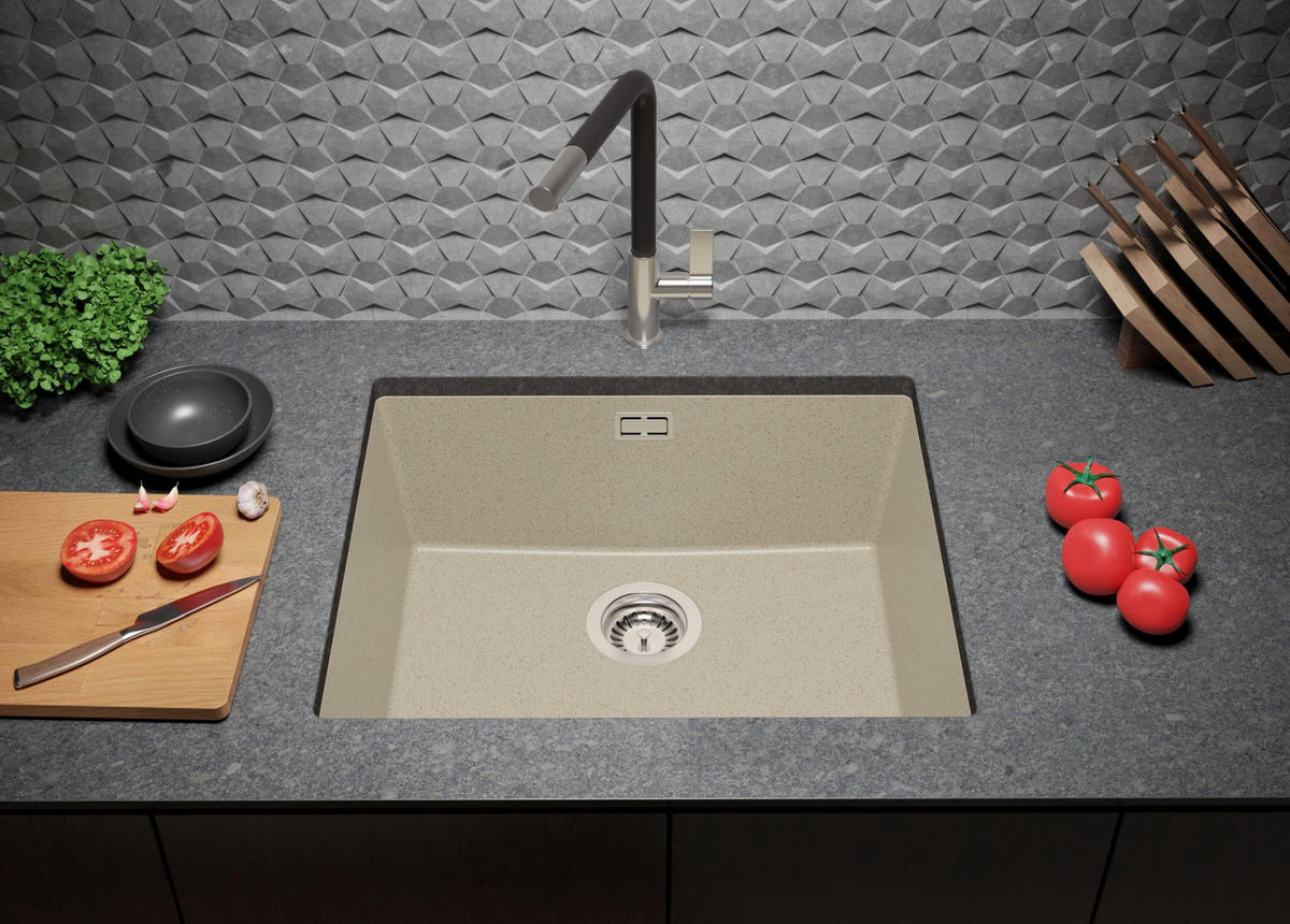 UNTERBAUSPÜLE GRANIT London, 2-er set Beige 56/47 cm 1 Becken + Küchenarmatur 38/14 cm + Ablauf-Set ab 60er Unterschrank - Chromfarben/Beige, Kunststoff (56/20/47cm) - Primagran