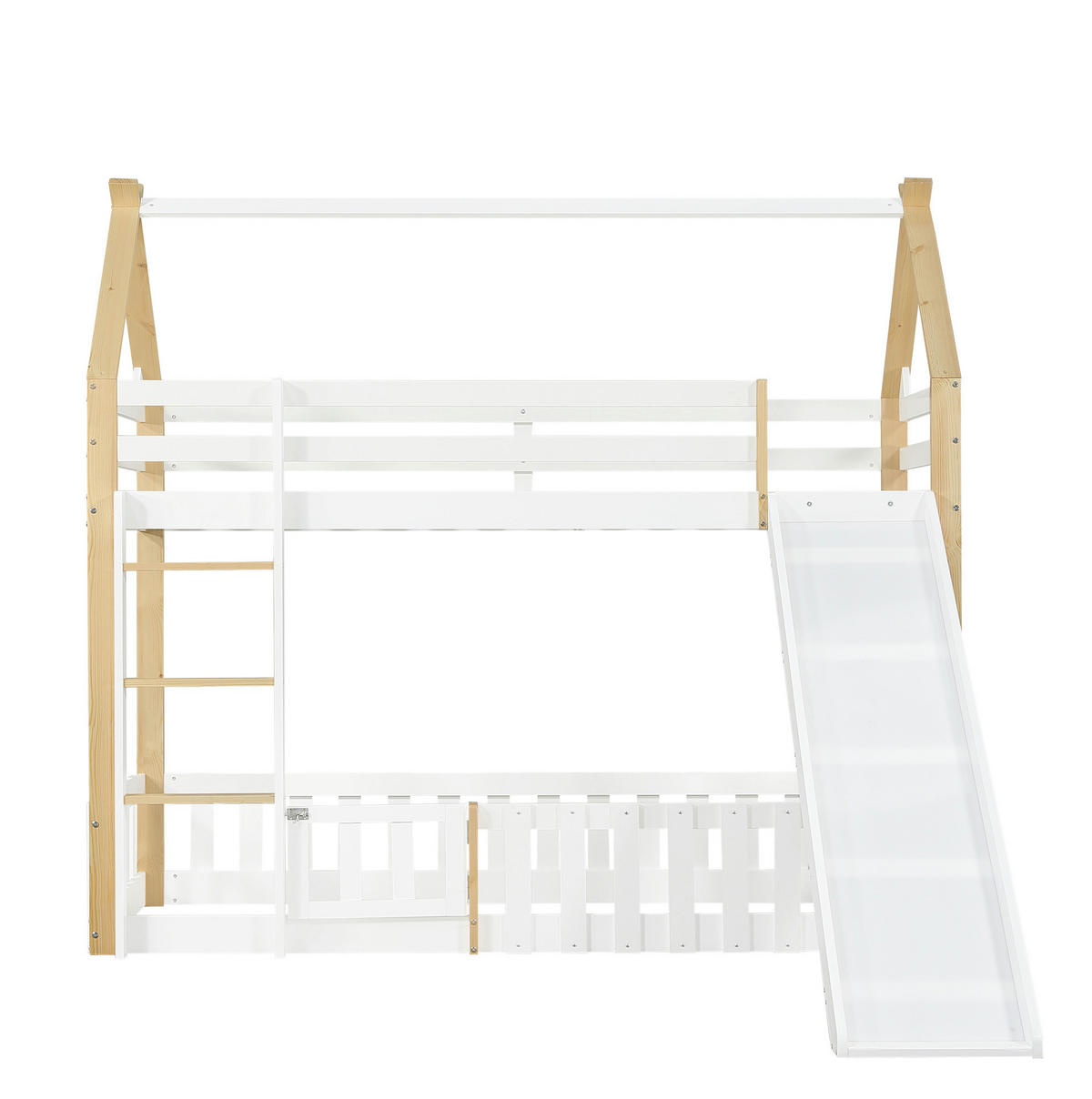 VÝŠKOVÁ posteľ 90/200 cm biela/prírodná so šmykľavkou a strešnou konštrukciou z masívneho dreva a MDF - biela, kompozitné drevo (90/200cm) - OKWISH