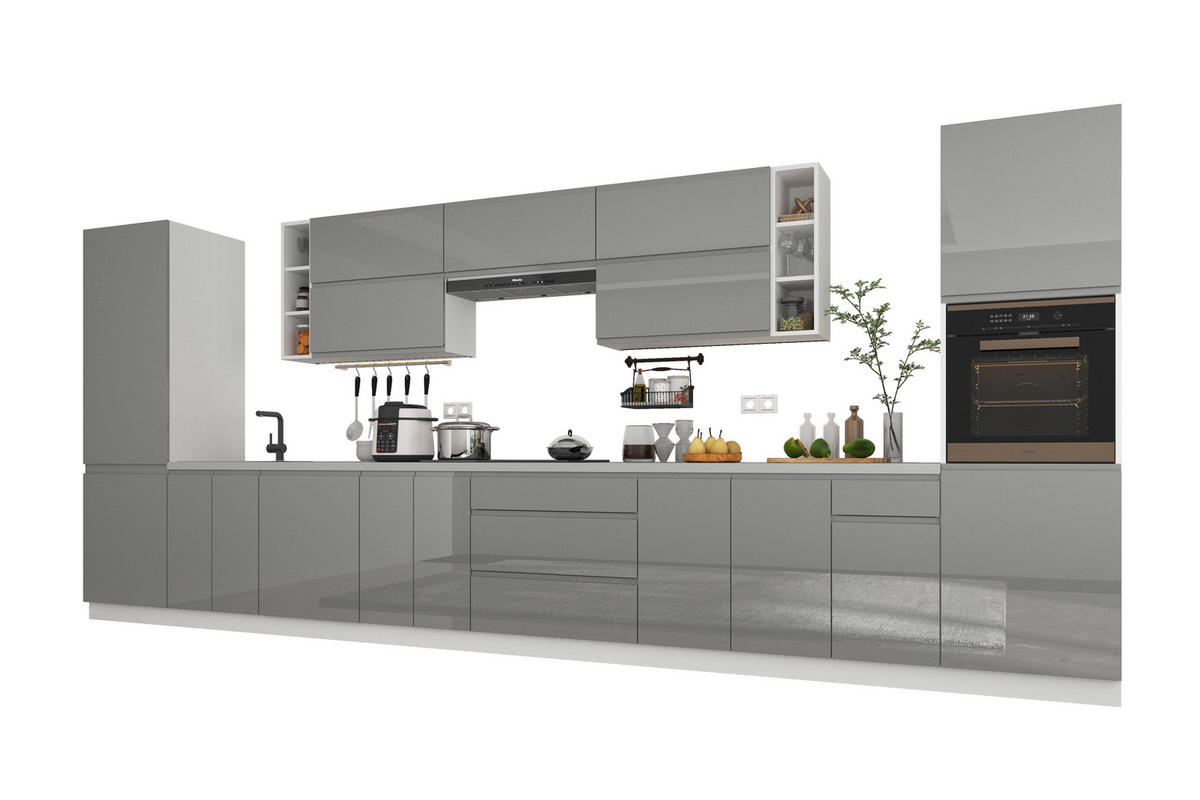 KÜCHENZEILE 500 cm – Aspen KA2-M500 - in Grau/Hochglanz - Grau, Holz (500/212/58cm)