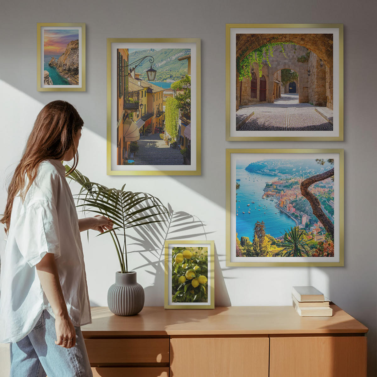 WANDBILDER 5er Set - 50x50 cm & 20x30 cm & 40x60 cm Goldrahmen - Bezaubernde Straßen voller Zitronenblüten - Goldfarben, Kunststoff (40/60cm) - ArtPrintCave