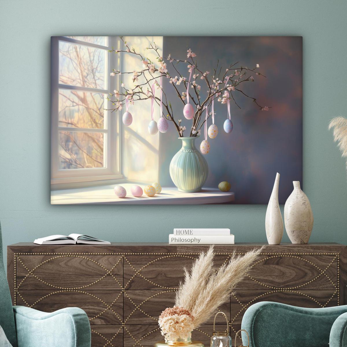 LEINWANDBILD Stillleben - Vase - Osterzweig Groß 140x90 cm - Hellblau, Textil (140/90cm) - MuchoWow