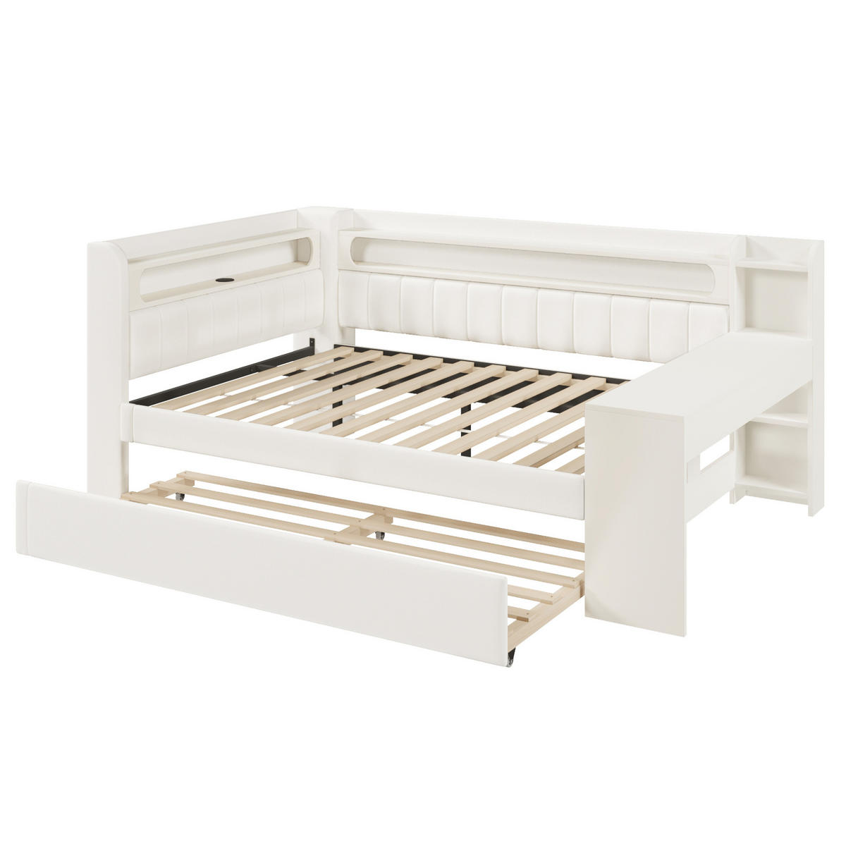POLSTERBETT aus MDF 140x200 cm Weiß mit LED-Beleuchtung, USB-Anschluss, Ausziehbett und Schreibtisch - Weiß, Holzwerkstoff (140/200cm) - Modfu