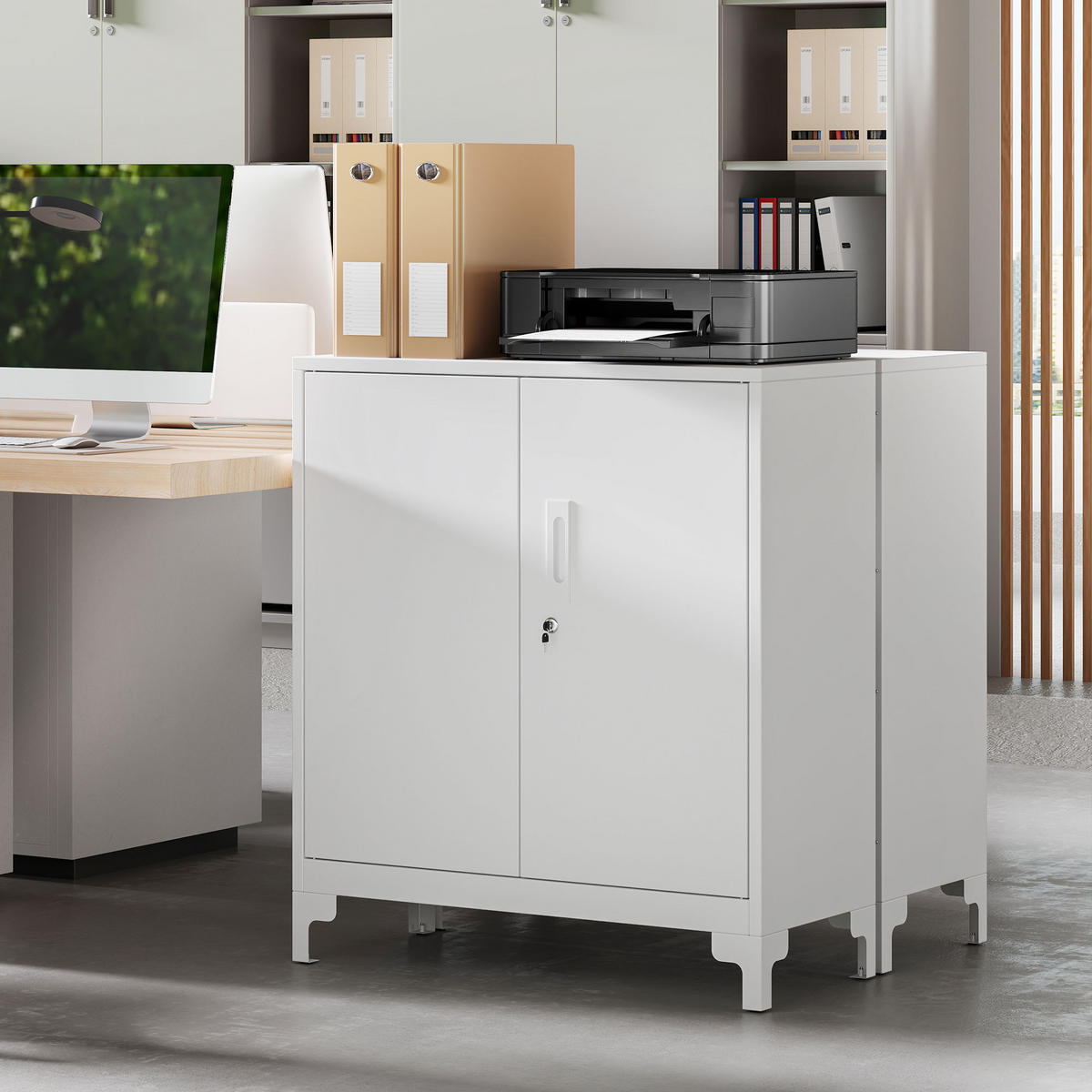 BÜROSCHRANK DE-09671 verschließbare Türen, 2-stufiges Design Weiß - Weiß, Metall (35/91/80cm) - ComfortXL