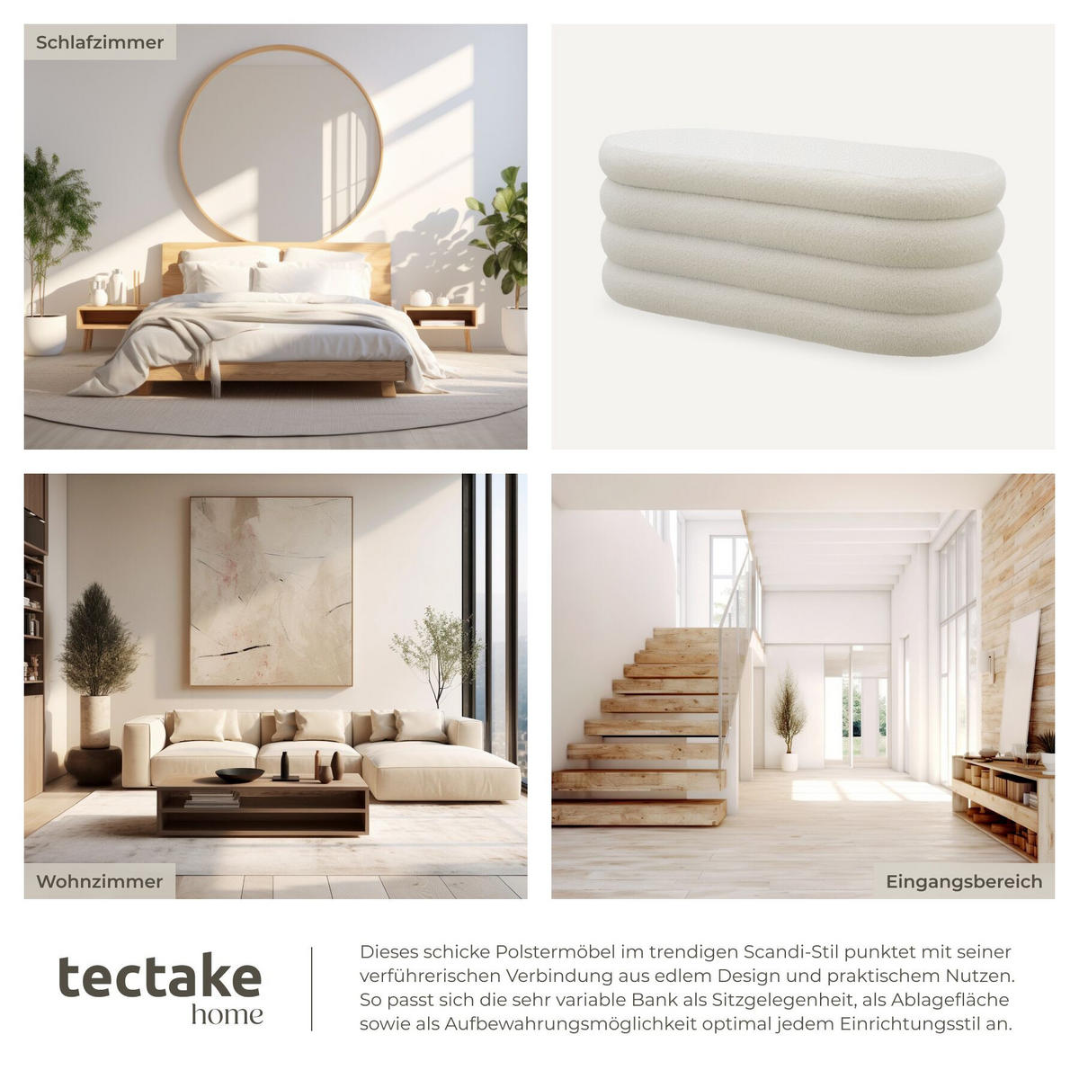 TRUHENBANK Altu,110 x 45 x 42 cm,Bouclé creme-weiß - Creme/Weiß, Holz (110/42/45cm) - tectake