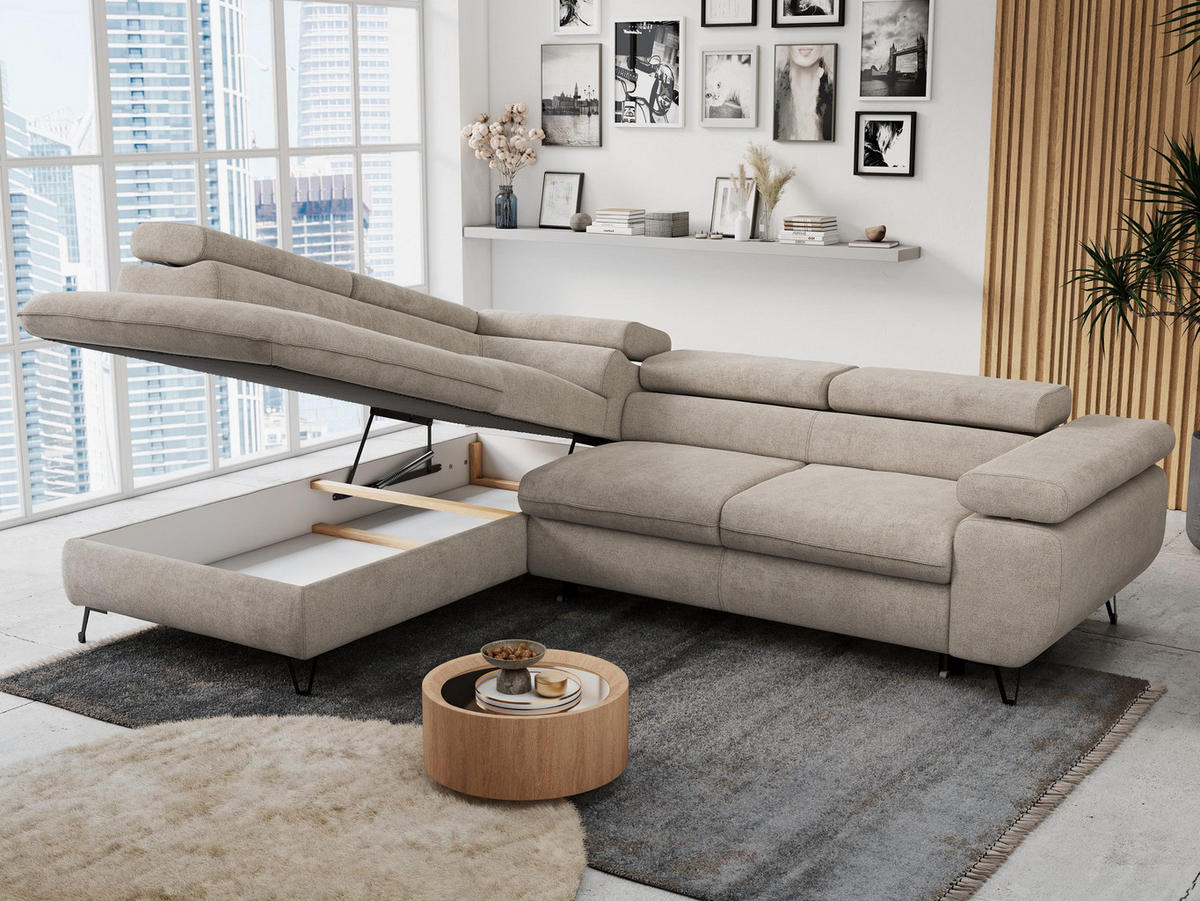 ECKSOFA PETER L Beige Struktur - Links Seite - Beige/Schwarz, Textil/Metall (208/273cm) - MKS
