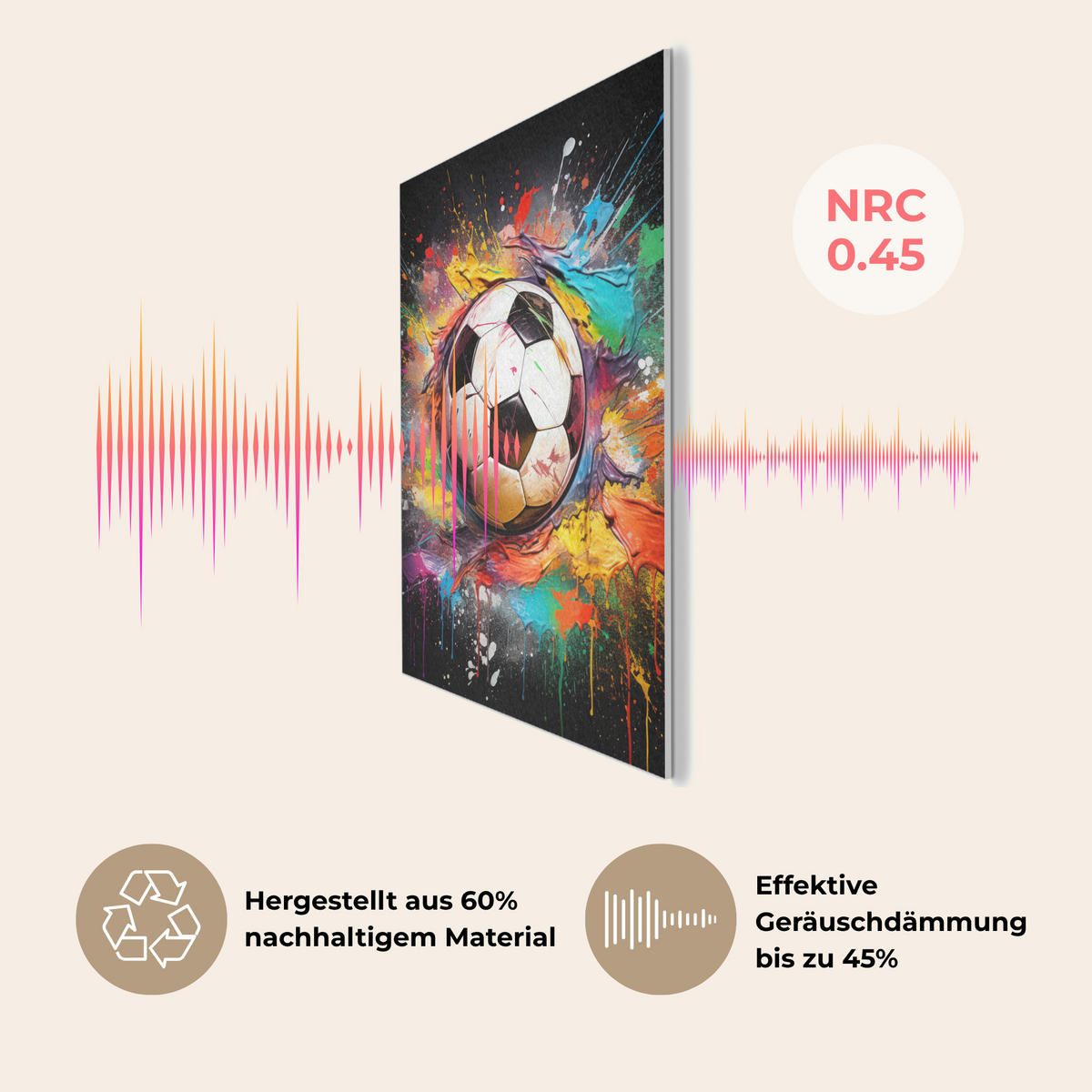 AKUSTIKPANEEL Fußball - Farbe - Farben - Schwarz - Weiß 70x100 cm - Weiß, Textil (70/0.9/100cm) - MuchoWow