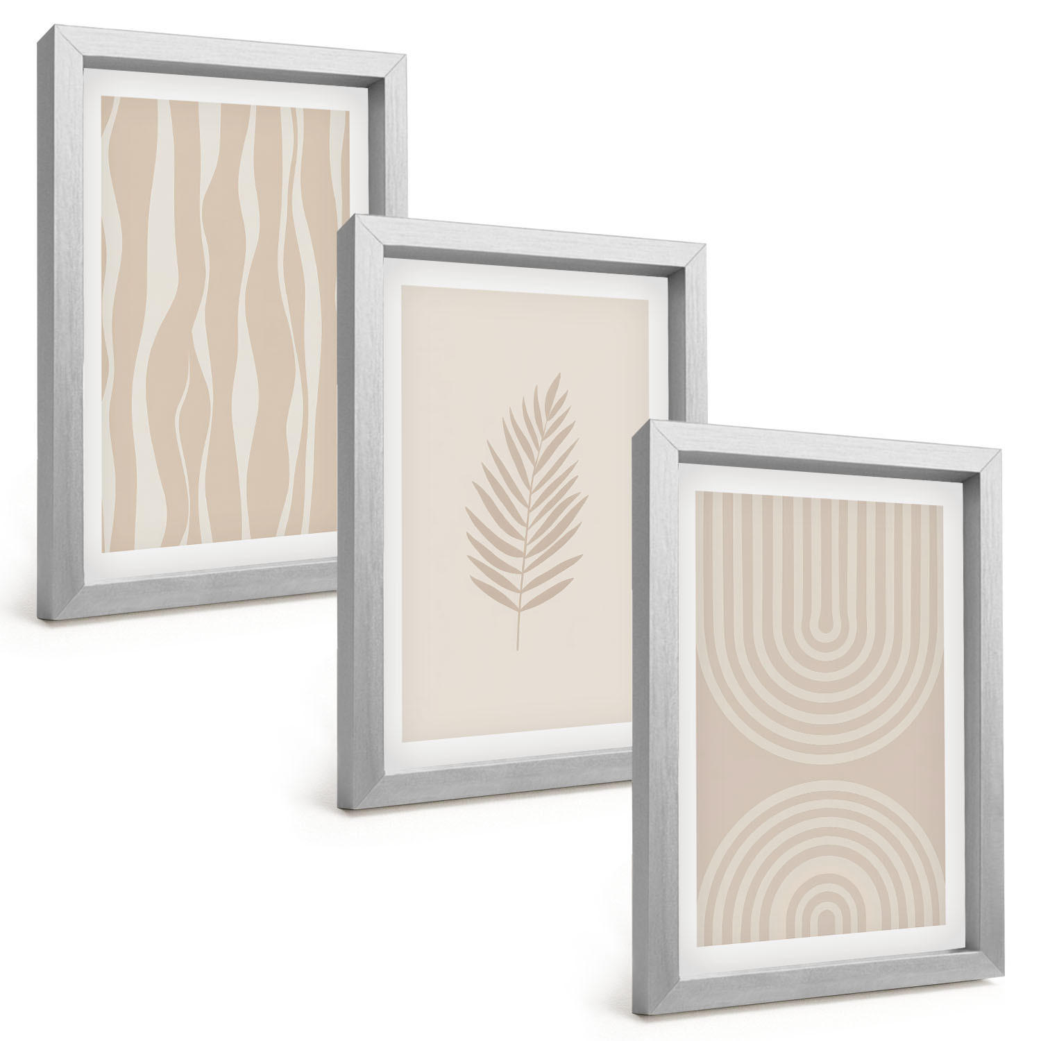 BILDER SET 3er Set - 20x30 cm Silberner Rahmen - Beige Pflanzenmuster - Silberfarben, Kunststoff (20/30cm) - TULUP