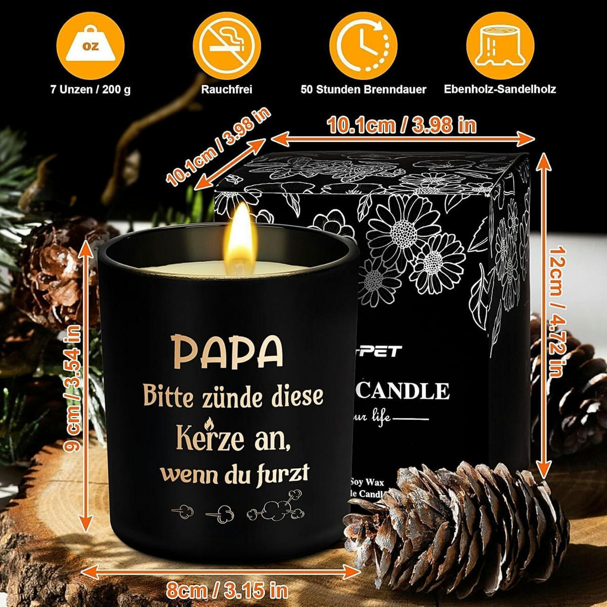 DUFTKERZE Ebenholz Sandelholz 50 Stunden Brenndauer - Schwarz, Paraffin (9cm)