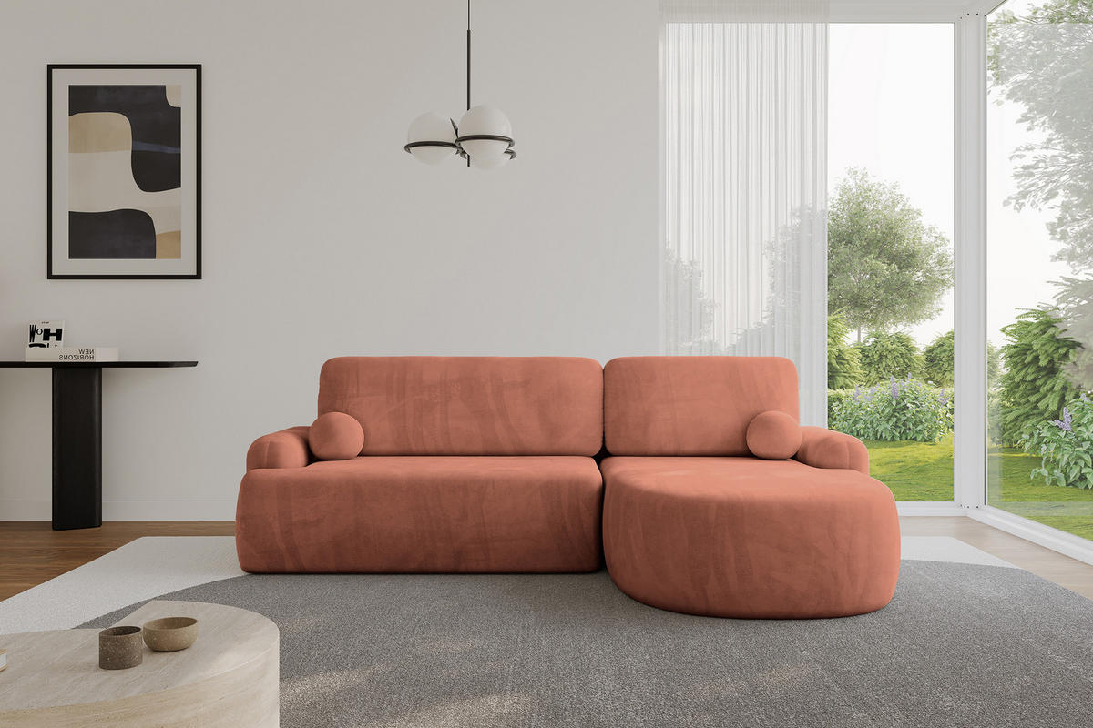 WOHNLANDSCHAFT mit Schlaffunktion und Bettkasten LIRA-L - 264x172x89 Apricot - Orange, Holzwerkstoff/Textil (172/264cm) - ALTDECOR