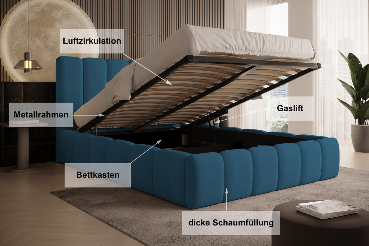 POLSTERBETT Vilo 140x200 mit Bettkasten und Stabilem Metallgestell - Blau, Textil (140/200cm) - Storez24