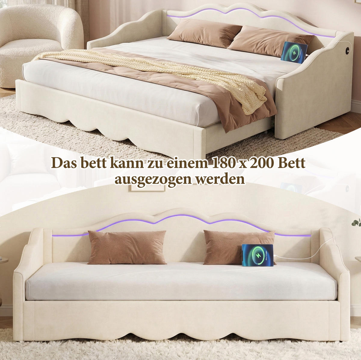 POLSTERBETT 90/180×200 cm aus Samt in Beige mit LED und USB- und Type-C-Anschlüssen - Beige, Textil (90/200cm) - Flora Grace