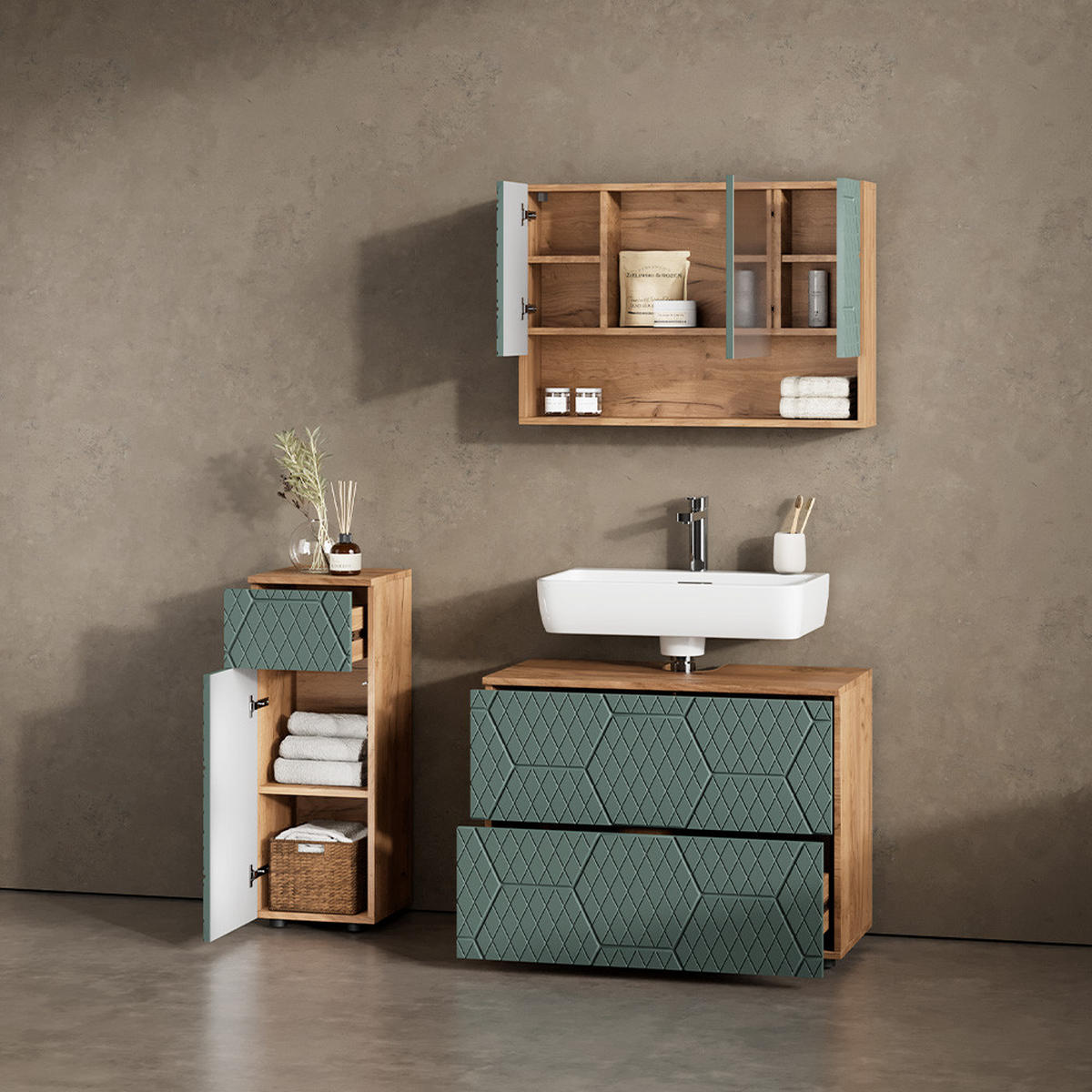 BADMÖBEL-SET Ronco Grün/Goldkraft Eiche 3 Teile, mit Schubladenschrank und Midischrank - Honigeiche/Grün, Holzwerkstoff (80/58/41cm) - Livinity®