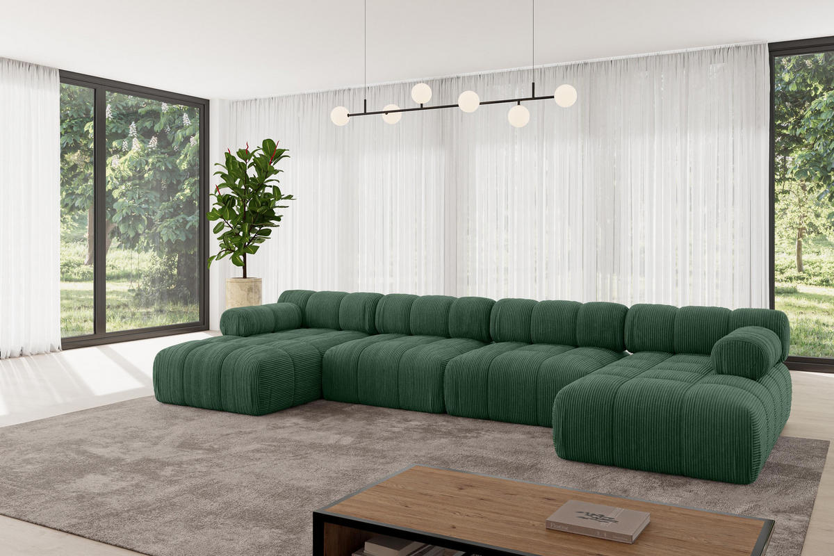 WOHNLANDSCHAFT modulares Sofa Tesso-U2 - 380x160x70 cm Grün Cord - Grün, Holzwerkstoff/Textil (380/70/160cm) - ALTDECOR