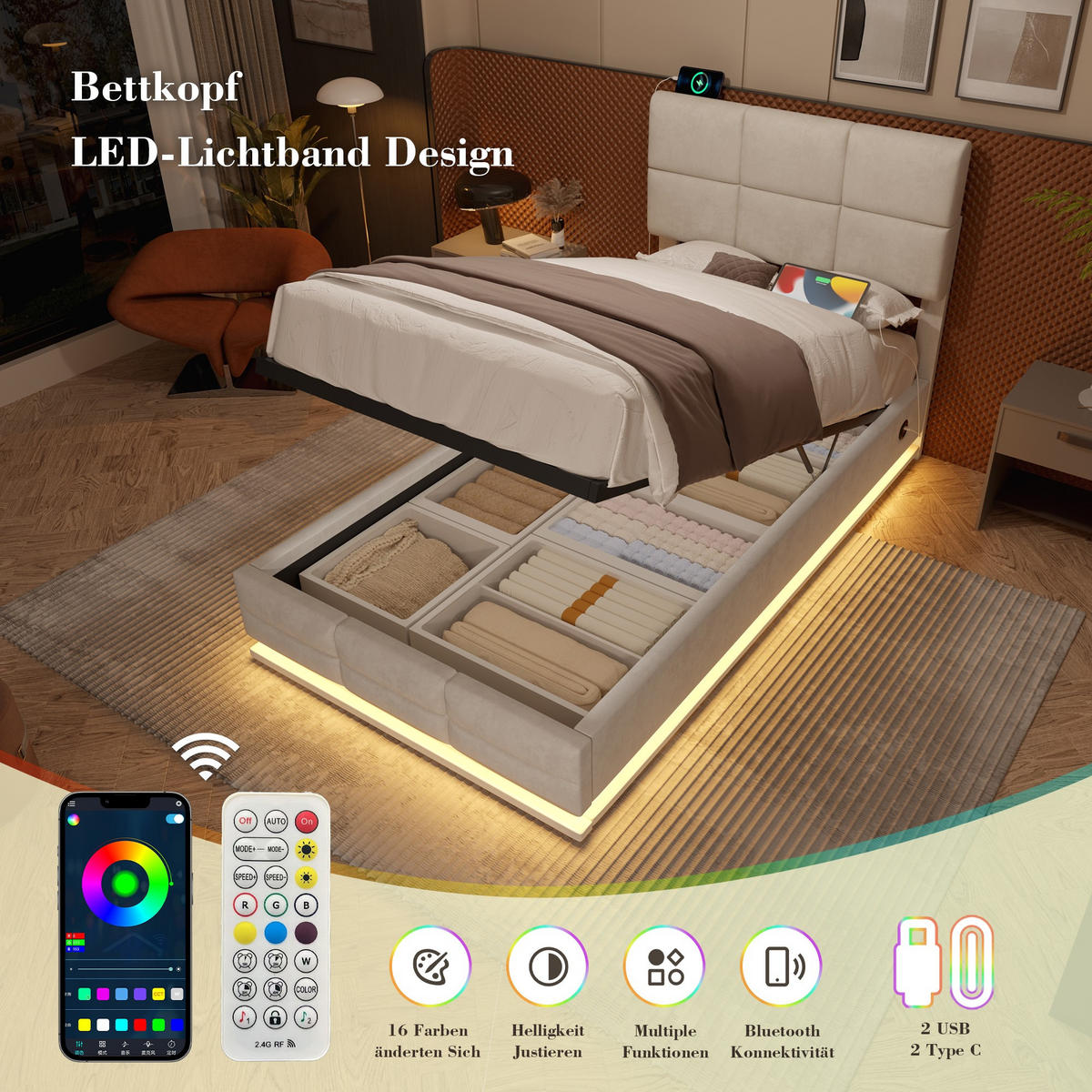 BOXBETT 90/200 mit Bettkasten, LED, USB/Typ C-Ladeanschluss,Samt,Beige - Beige, Holz (90/200cm) - LVHOM