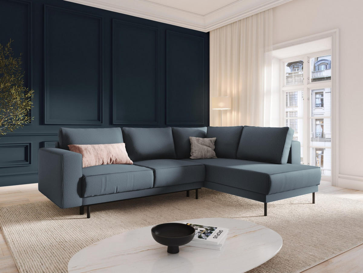 AUSKLAPPBARES-ECKSOFA rechts Caro aus strukturiertem Stoff blau 5 Sitzplätze - Blau, Textil (187/247cm) - Micadoni