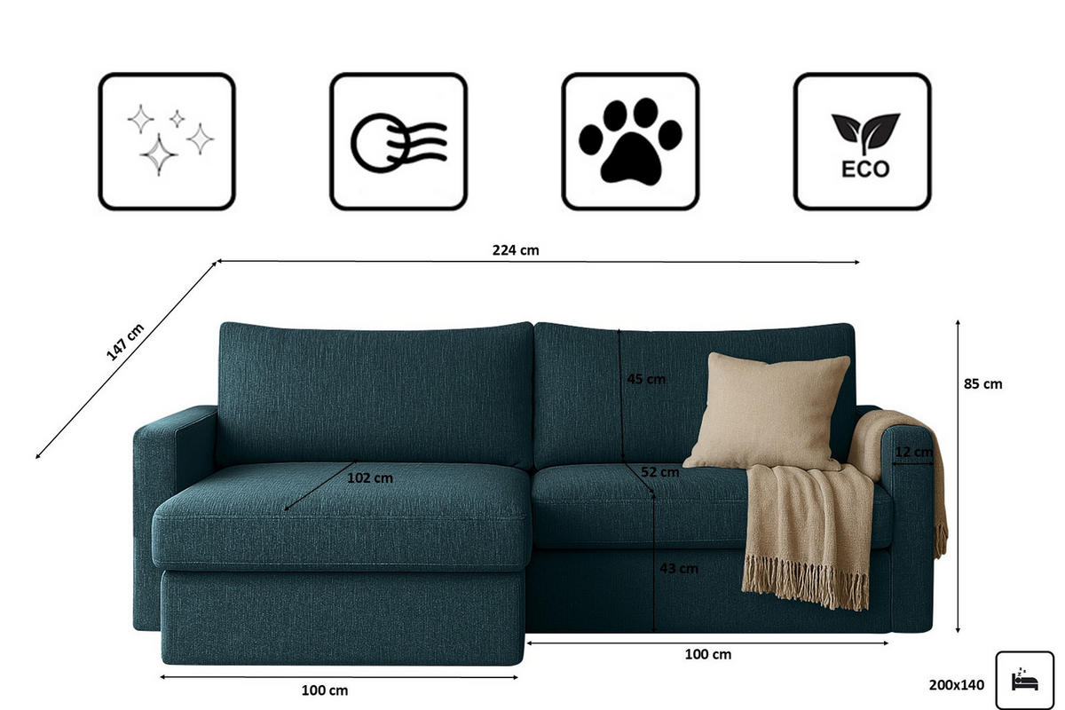 ECKSOFA Mit Schlaffunktion Und Bettzeugablage LUBEKA Stoff Faro Azurblau Links - Dunkelblau, Holz (140/147cm) - Kaiser Möbel