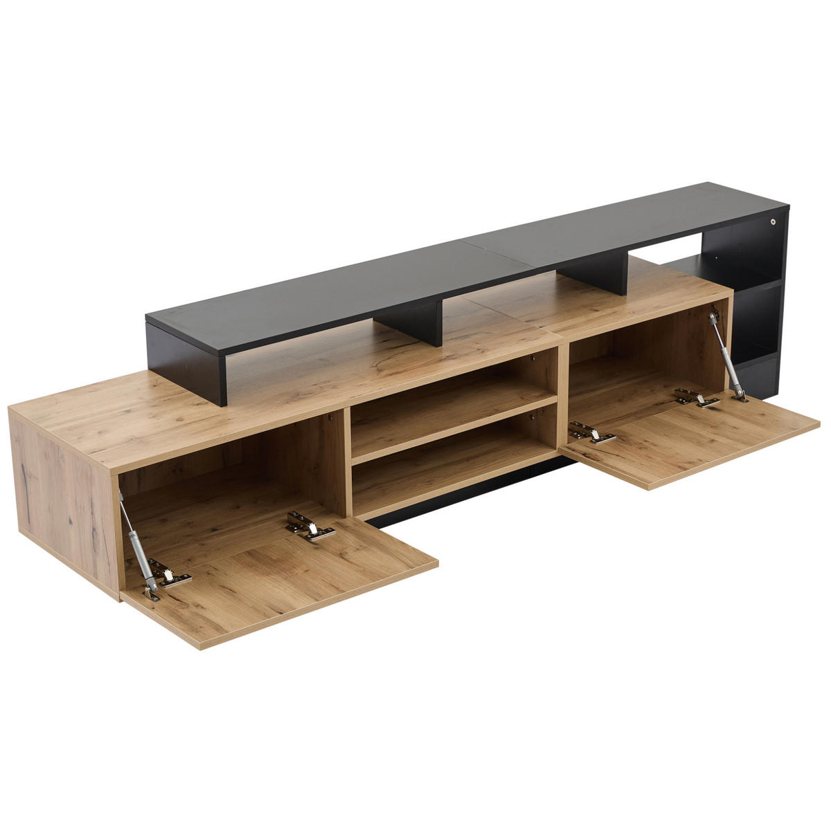 TV-SCHRANK aus Spanplatte 190x40x48,5 cm Eichefarben/Schwarz mit LED-Beleuchtung, viel Stauraum und Klapptüren - Schwarz, Holzwerkstoff (190/48.5/40cm) - Modfu