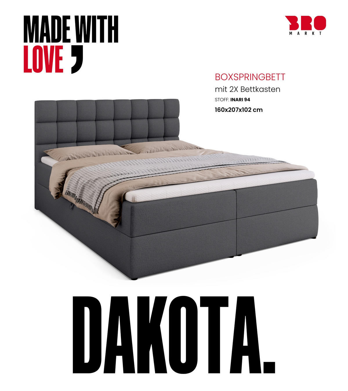 BOXBETT Dakota mit Topper 160/200 Dunkelgrau - Dunkelgrau, Textil (160/200cm) - Bromarkt