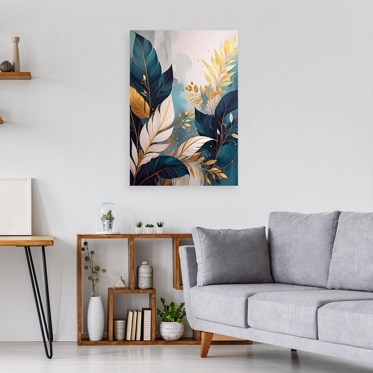 BILD auf Leinwand, Abstraktion: Pflanzenblätter in Türkis und Gold - Grün, Textil (60/90cm) - Feeby