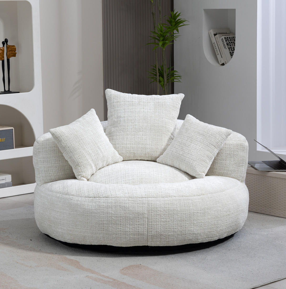 SESSEL rund drehbar Sitzsack Beige 108/108/52 cm für Erwachsene & Kinder - Beige, Textil (108/52/108cm) - OKWISH