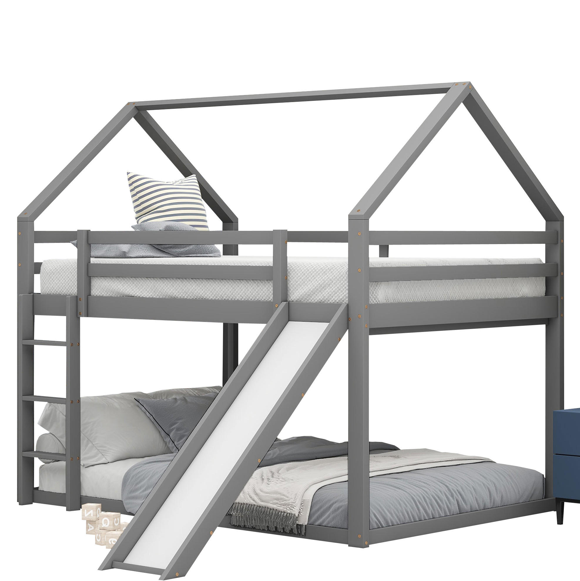 HAUSBETT 140/200 cm Grau mit Rutsche und Leiter - Grau, Holz (140/200cm) - Flora Grace