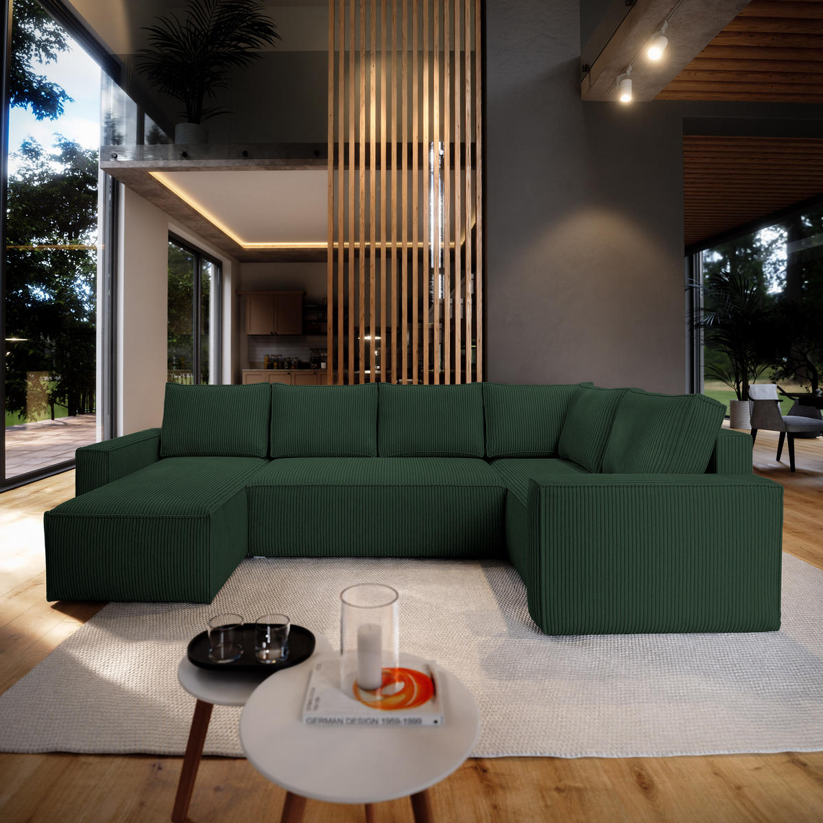 ROHOVÁ SEDAČKA NORENA zelená barva - šedá/zelená barva, dřevo/textil (295/157.5cm) - MASSENO