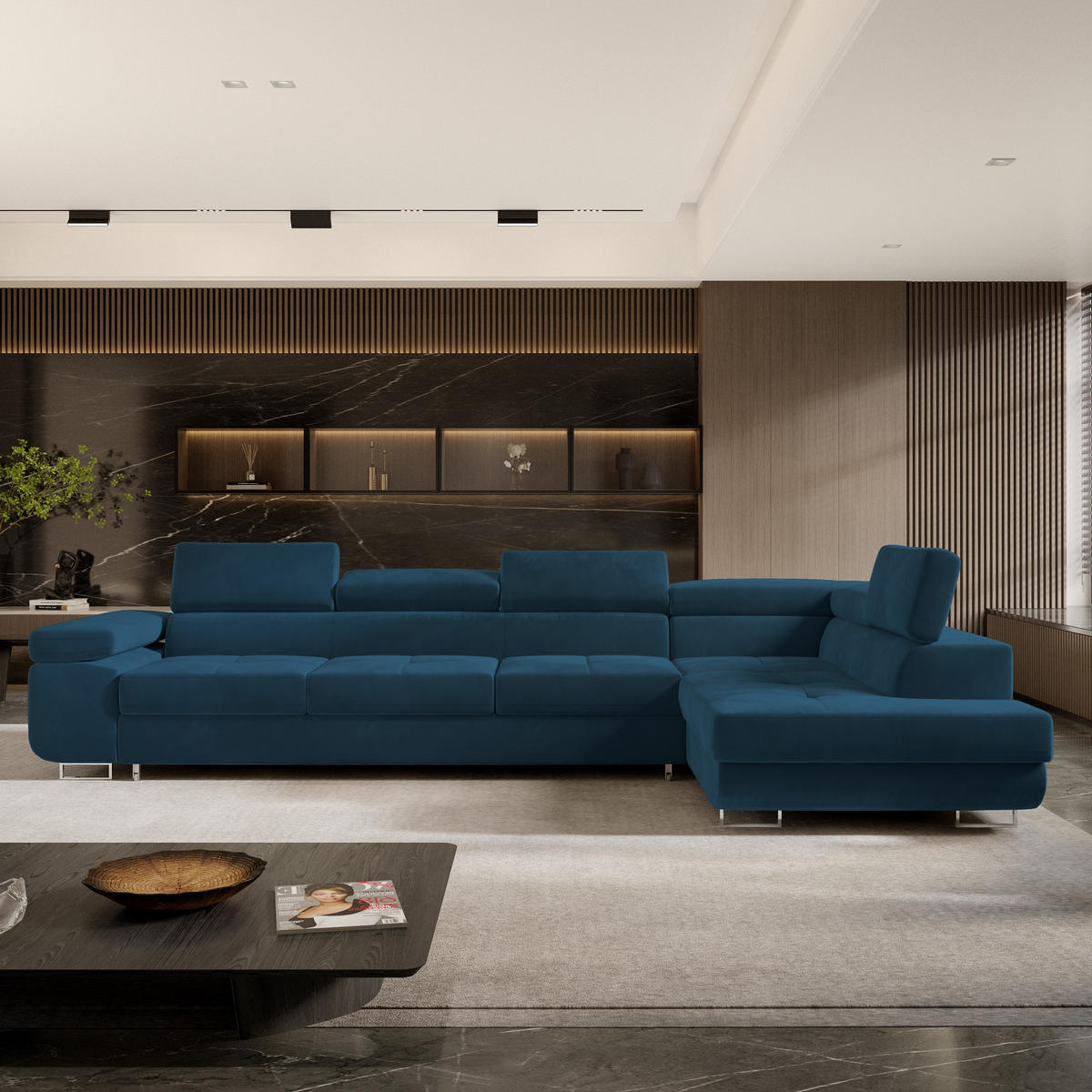 ECKSOFA VICENTE Blau Velours-Stoff mit Schlaffunktion - Blau, Holz (346/202cm) - MASSENO