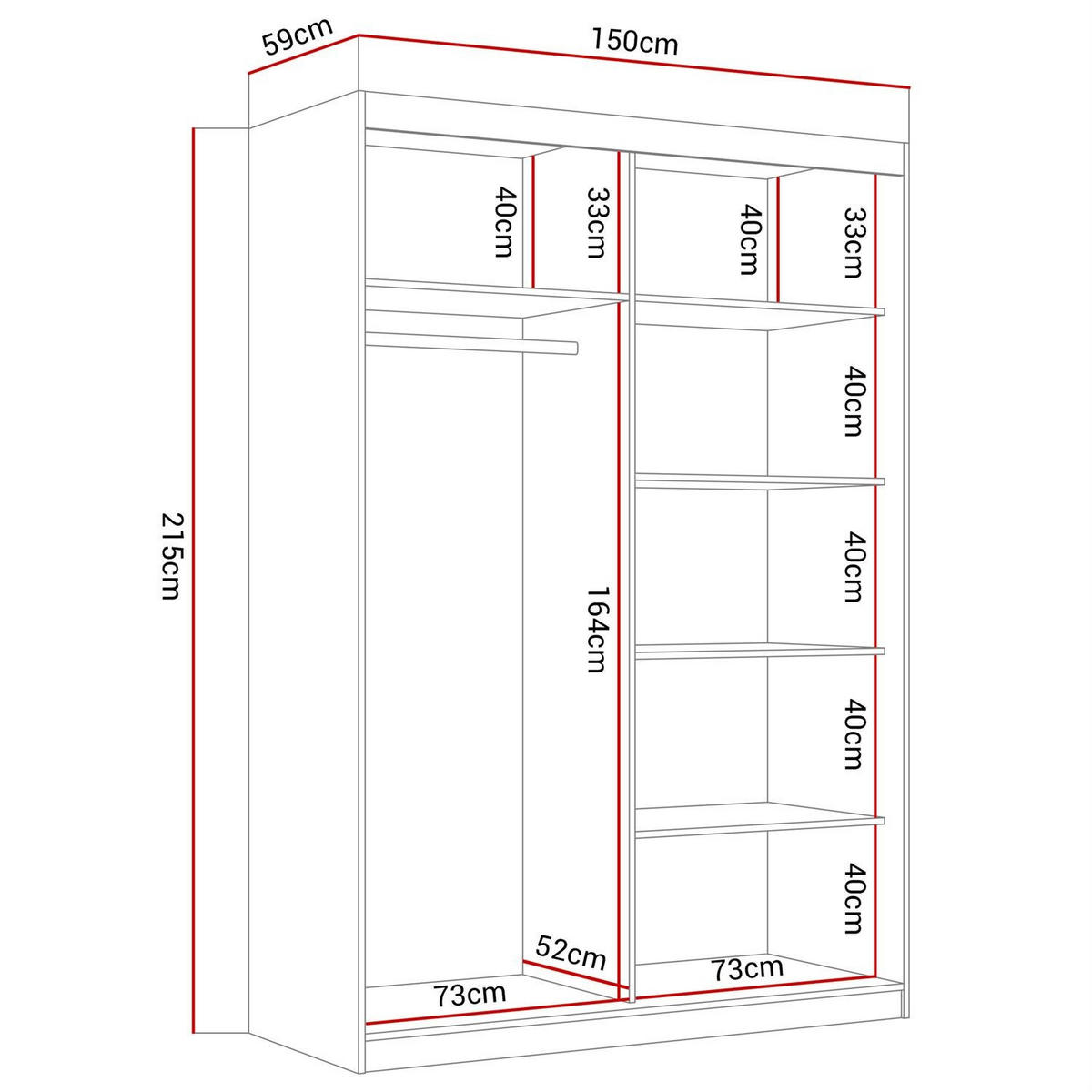 KLEIDERSCHRANK CAMARO 150 cm Schwarz - Schwarz, Holzwerkstoff (150/215/59cm) - Lookway
