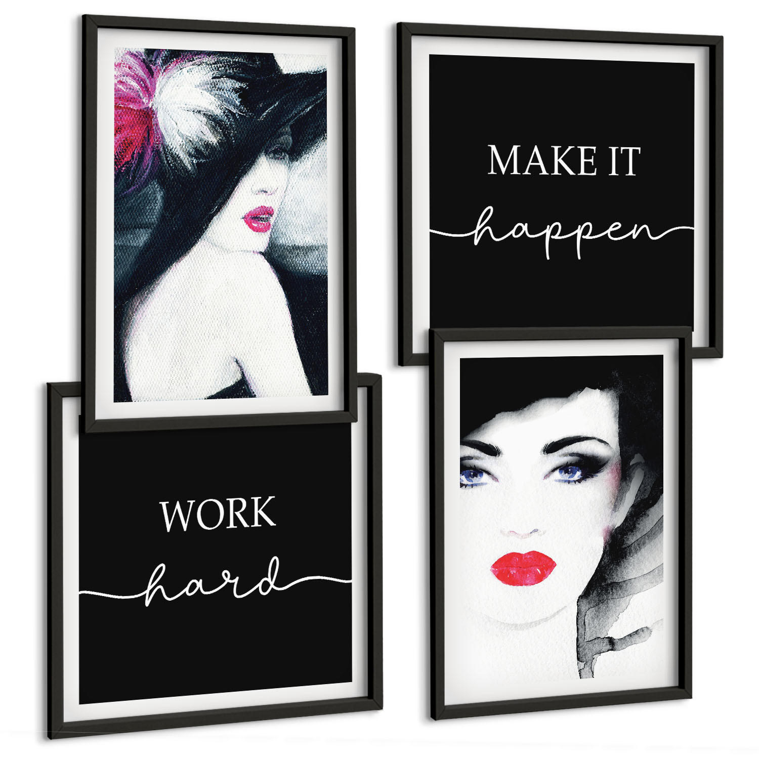 BILDER SET 4er Set - 50x50 cm & 40x60 cm Schwarzer Rahmen - Porträts von Frauen mit Lippen - Schwarz, Kunststoff (50/50cm) - TULUP