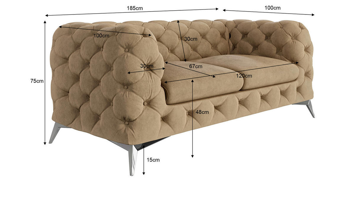 CHESTERFIELD-SOFA 2-Sitzer Laura Beige Samt - Beige/Silberfarben, Holz/Textil (185/75/100cm) - S-Style Möbel