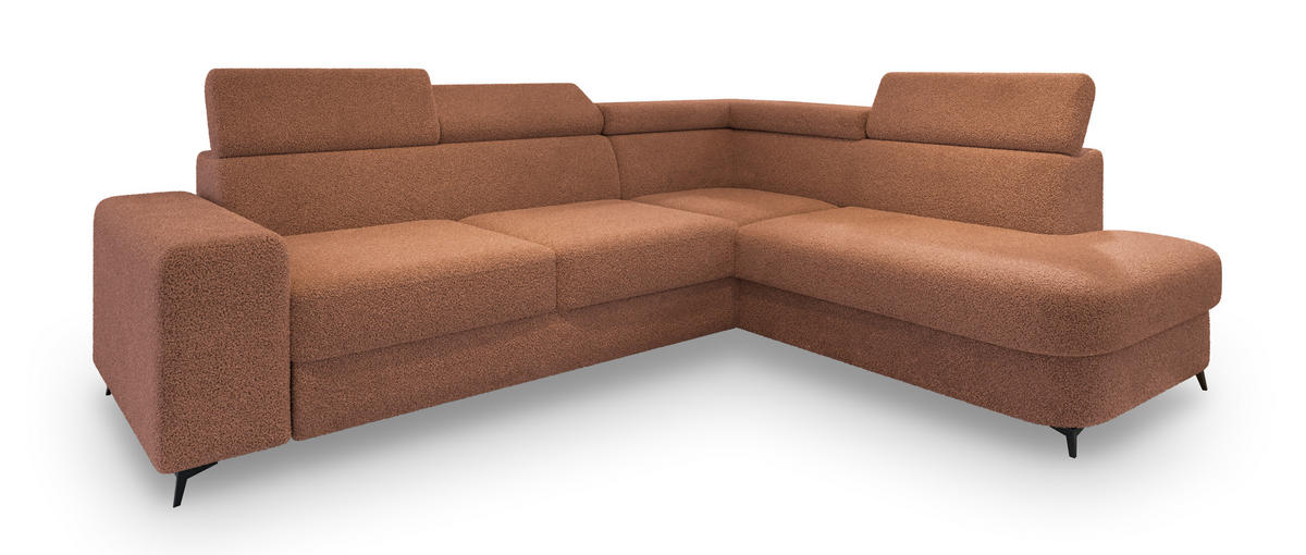 ECKSOFA ALVORO R-S Kupferfarben Boucle-Stoff mit Schlaffunktion - Kupferfarben, Holz (253/190cm) - MASSENO