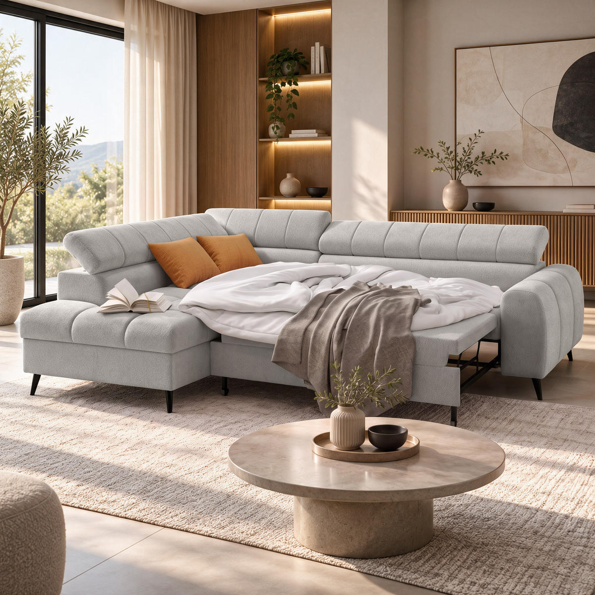 ECKSCHLAFSOFA Vinni Cappuccino, Chenille-Stoff, links - Cappuccino, Textil (265/205cm) - Beautysofa