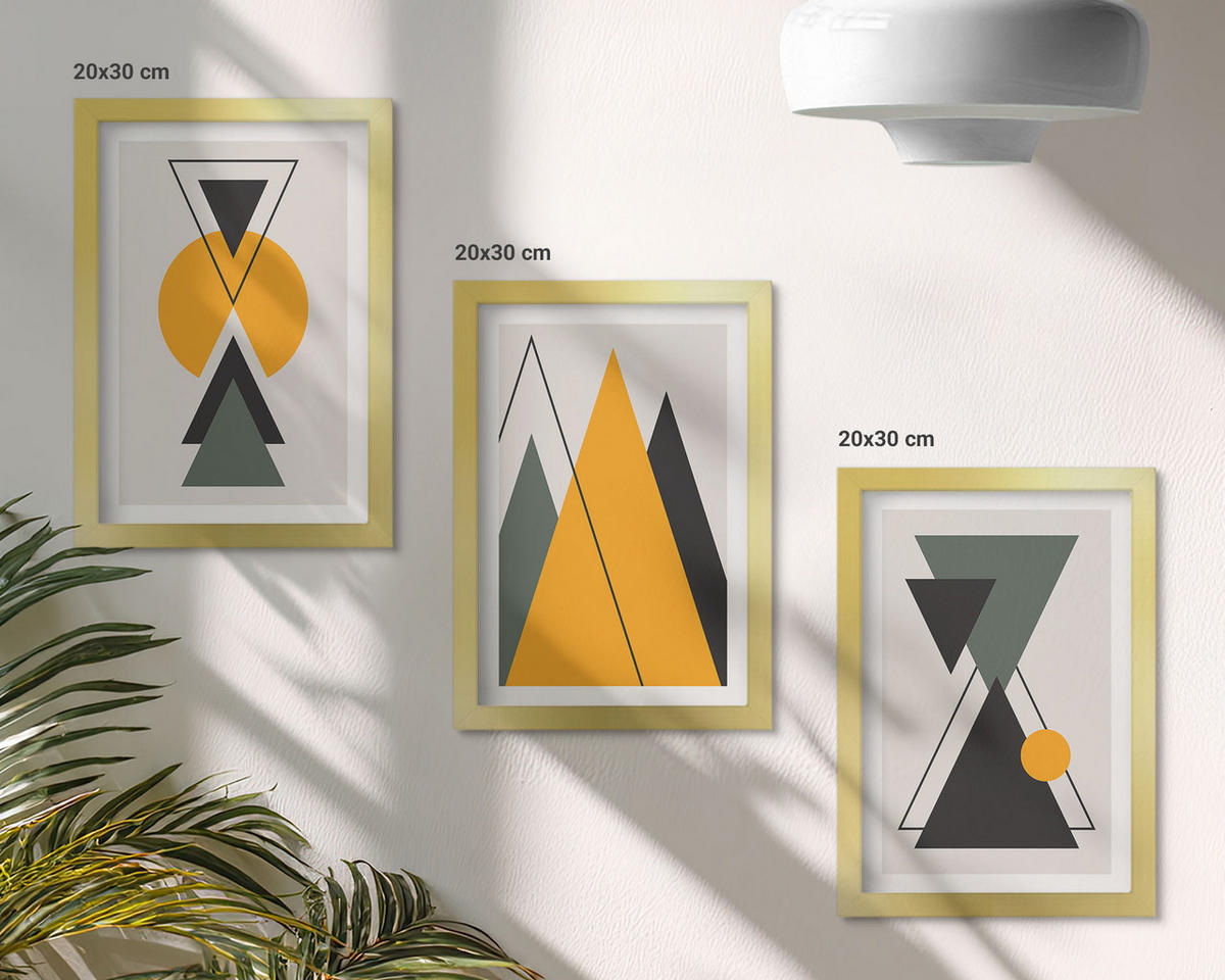 BILDER SET 3er Set - 20x30 cm Goldrahmen - Abstrakte geometrische Formen - Goldfarben, Kunststoff (20/30cm) - TULUP