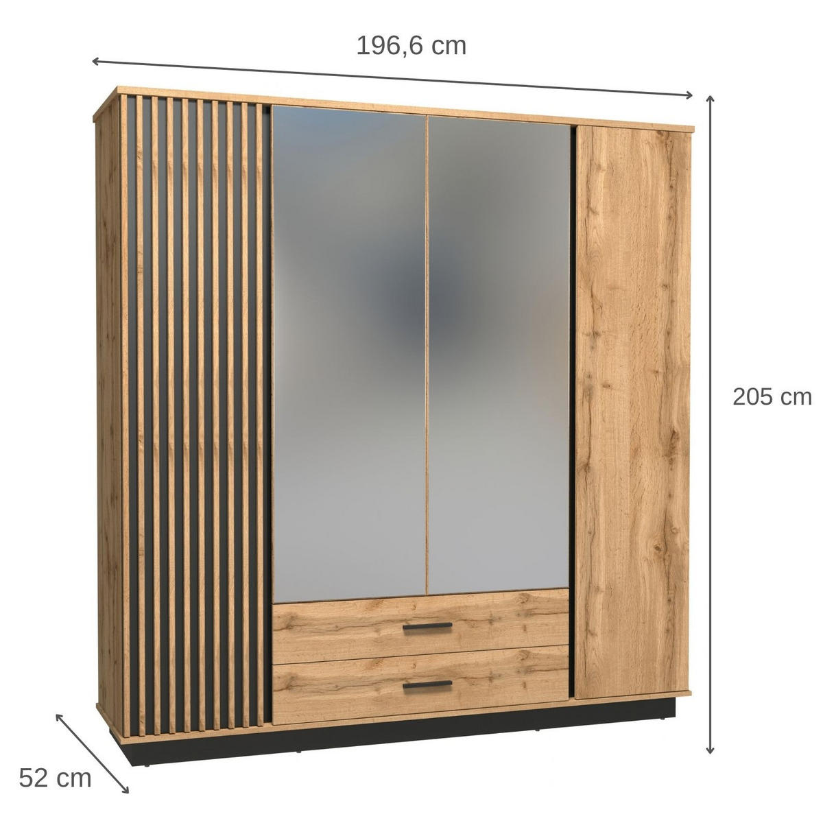 DREHTÜRENSCHRANK Lamelo mit 4 Türen und 2 Schubladen, mit Spiegel, 196 cm, Eiche Wotan - Eiche Wotan, Holzwerkstoff (196/205/52cm) - Beautysofa