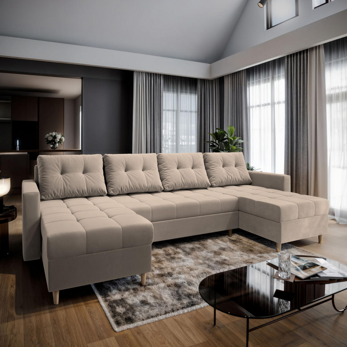 WOHNLANDSCHAFT MILO U Beige Plüsch-Stoff mit Schlaffunktion - Beige, Holz (285/91/140cm) - MASSENO