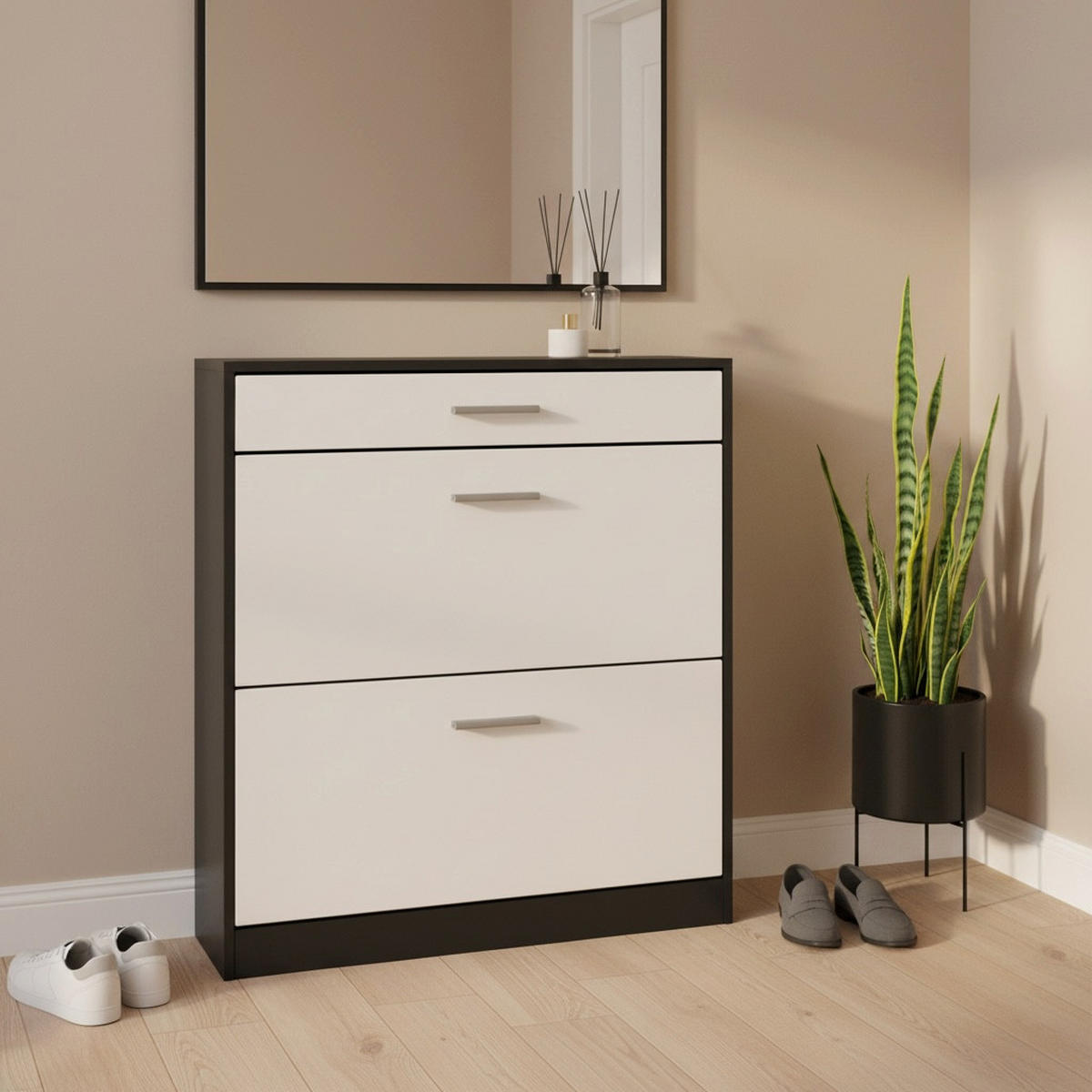 SCHUHSCHRANK Roma Schmal mit 2 Klappen und 1 Schublade, Platzsparender Schuhkipper, Schwarz/Weiß matt (89 x 95,5 x 23 cm) - Weiß, Holzwerkstoff (89/95.5/23cm) - InnoFurn