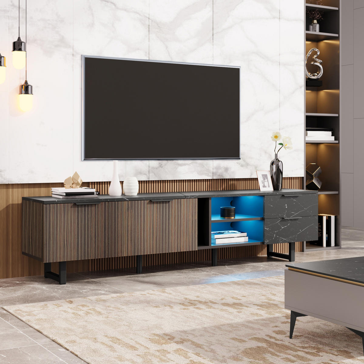 TV-LOWBOARD 200/38/50 cm mit 2 Schubladen, LED-Beleuchtung und 2 Türen - Schwarz, Holzwerkstoff (200/50/38cm) - BEAOK