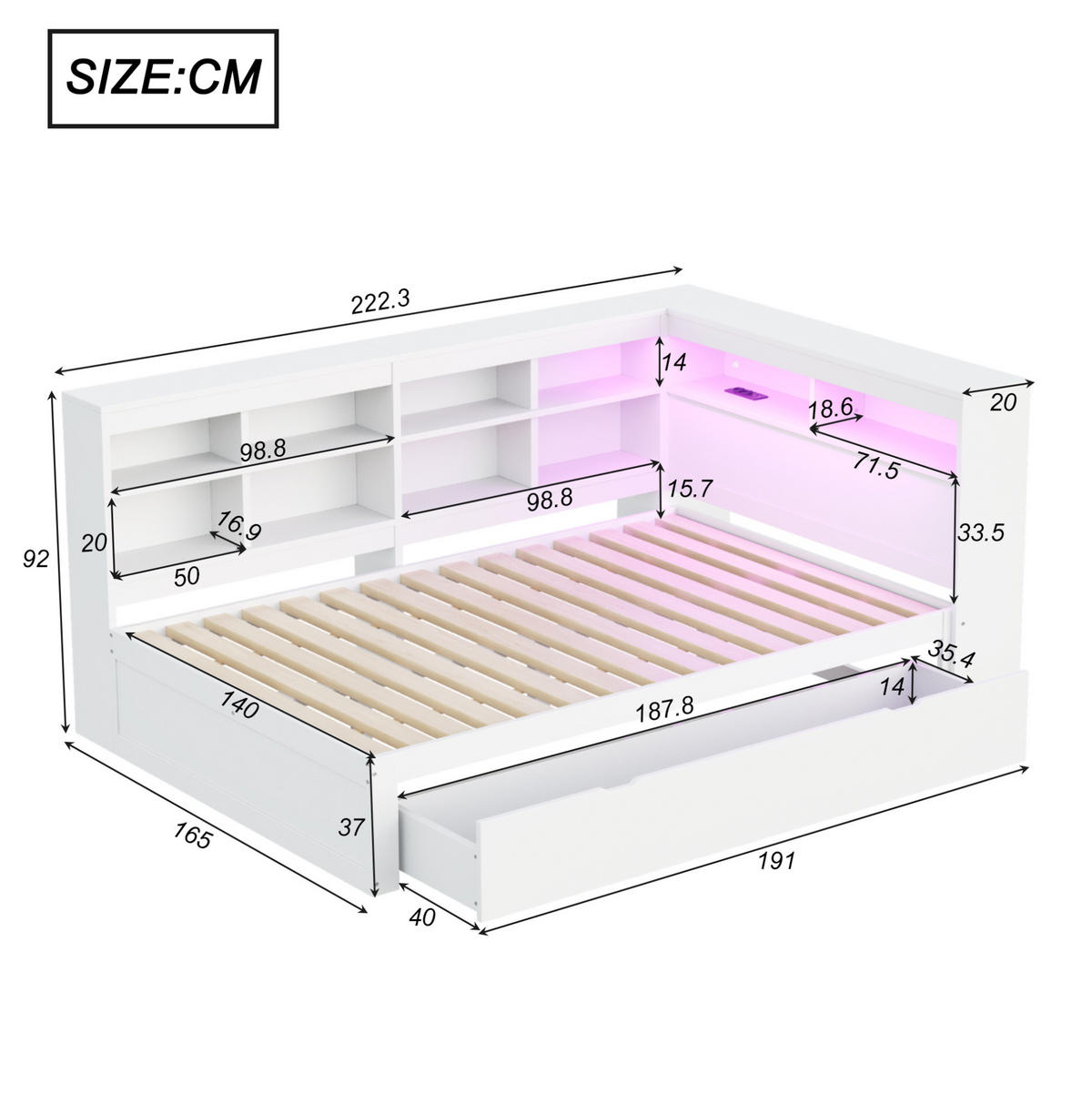 KREVET 140/200 cm s USB priključkom, LED osvjetljenjem i velikim spremištem, Bijela - bijela, drvni materijal (140/200cm) - Redom