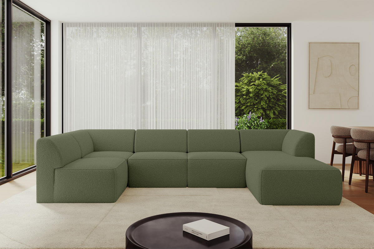 WOHNLANDSCHAFT Ottomane Rechts MOVO-L 345x180x78 cm Grün Bouclé - Dunkelgrün, Holzwerkstoff/Kunststoff (180/78/345cm) - ALTDECOR