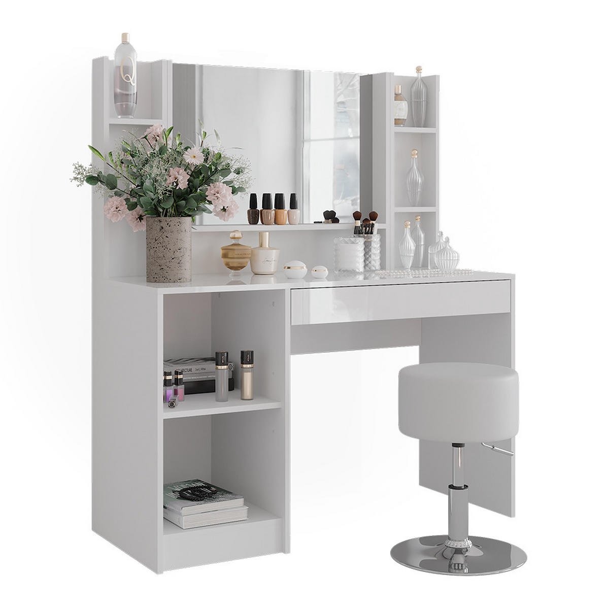 SCHMINKTISCH Sherry Weiß/Weiß Hochglanz 119.8 cm 5 Teile - Weiß Hochglanz, Holzwerkstoff (119.8/76/50.1cm) - Vicco