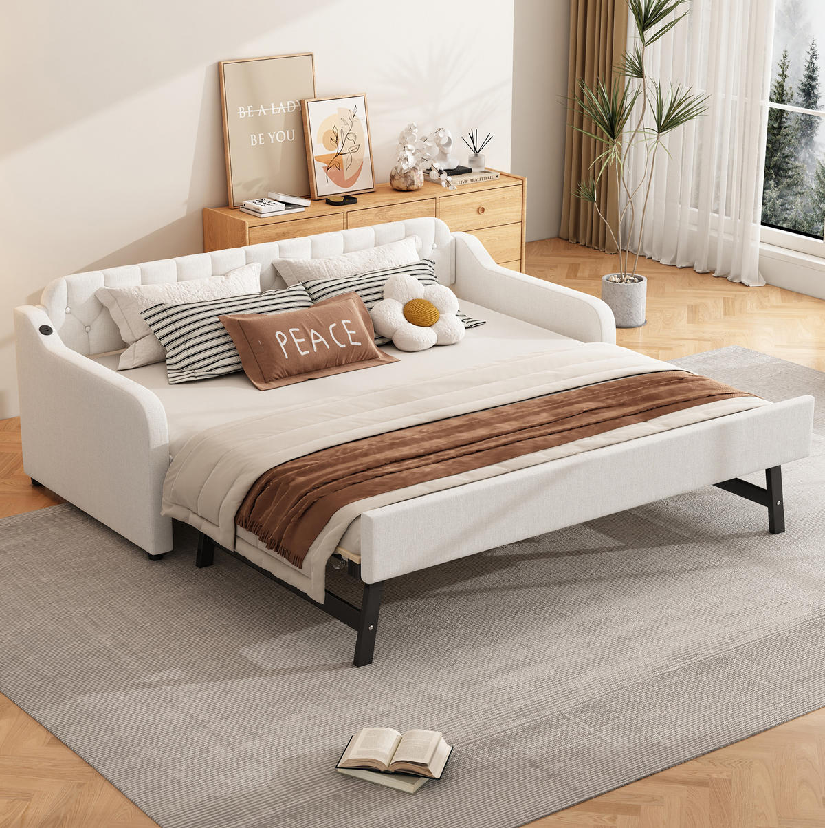 TAGESBETT 90/200 cm mit ausziehbarem Rollbett und USB-Anschluss, Beige - Beige, Textil (90/200cm) - Redom