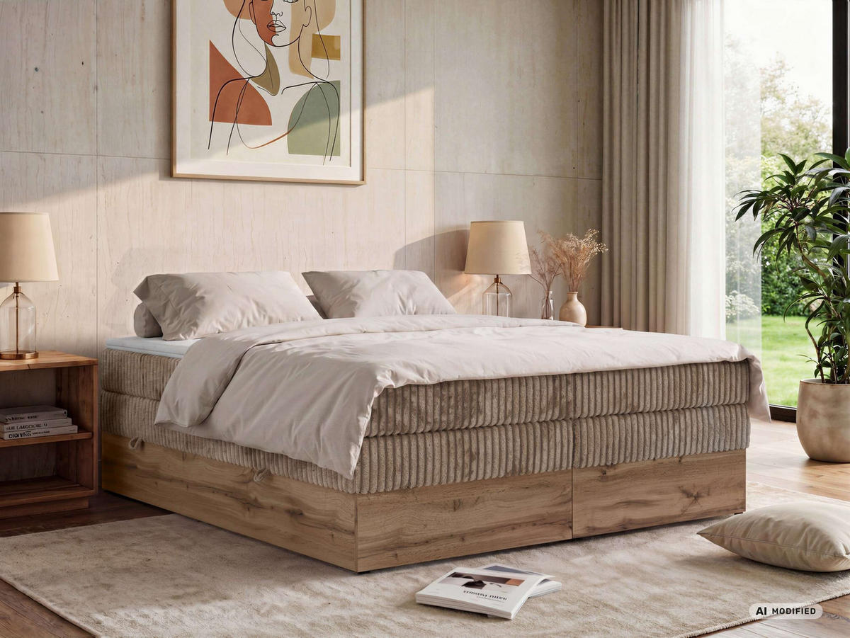 BOXSPRINGBETT WOOD ZERO KING 140/200 - Braun Cord - Topper T25 - H4 - Schwarz/Braun, Kunststoff/Textil (140/200cm) - MKS