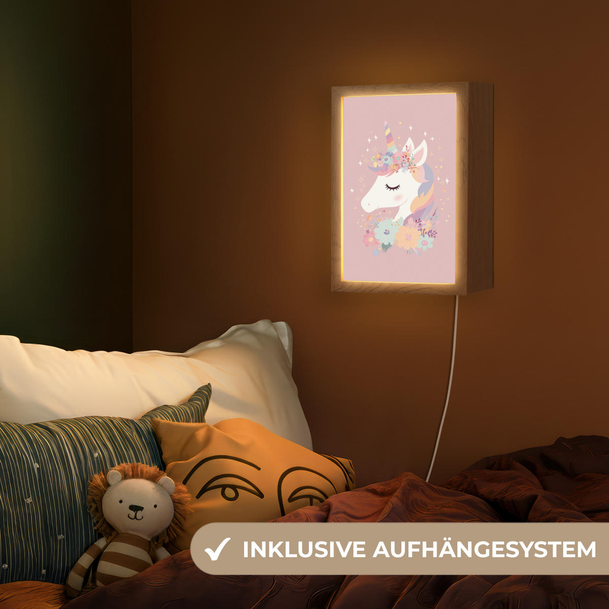 NACHTTISCHLAMPE Einhorn - Rosa - Blumen 20x30 cm - Rosa, Holzwerkstoff (8/20/30cm)