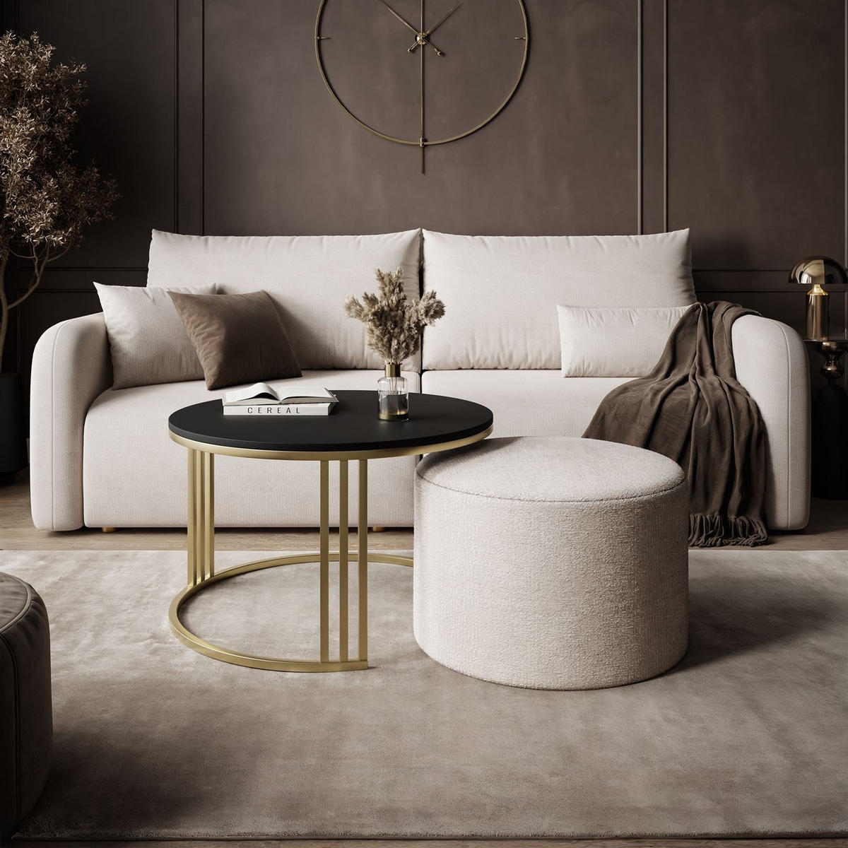 COUCHTISCH mit Hocker LORI MAT gebürstetes Gold/schwarz matt/Perfect Harmony 01 - Schwarz, Metall (70/70/49cm) - Lookway