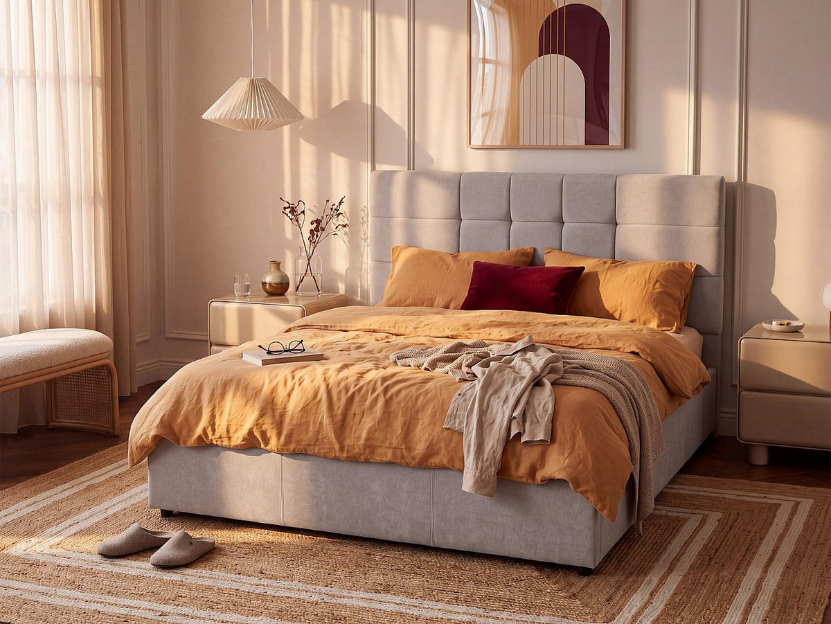 BETT mit Bettkasten - 2 Personen - stoff - hellgrau Hopeya - Hellgrau, Textil (200/200cm) - Vente-Unique