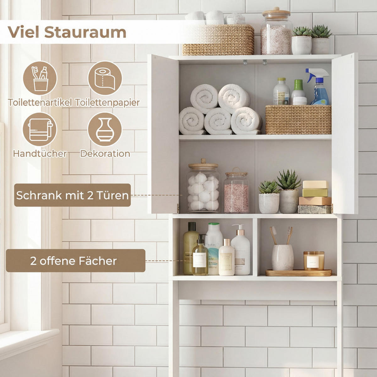 TOILETTENREGAL mit Doppeltür weiß - Weiß, Holzwerkstoff (56/166/23cm) - COSTWAY