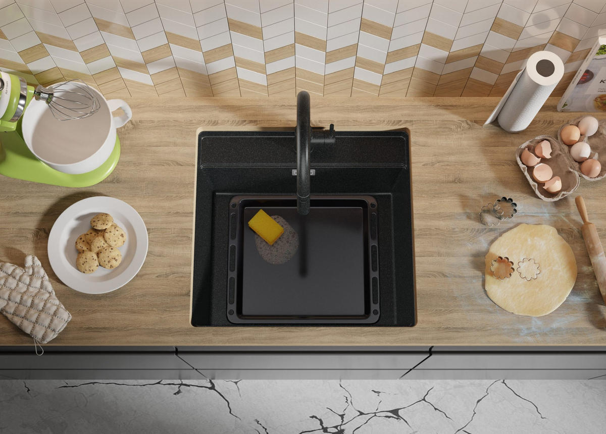 UNTERBAUSPÜLE GRANIT Bergen, 2-er set Anthrazit 56/53 cm 1 Becken + Ablauf-Set + Schneidebrett ab 60er Unterschrank - Chromfarben/Anthrazit, Kunststoff (56/20/53cm) - Primagran